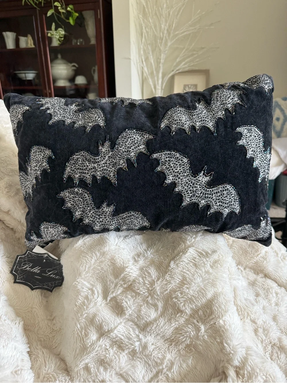 Bella Lux- black velvet pillow, bat hand sewn with iridescent beads